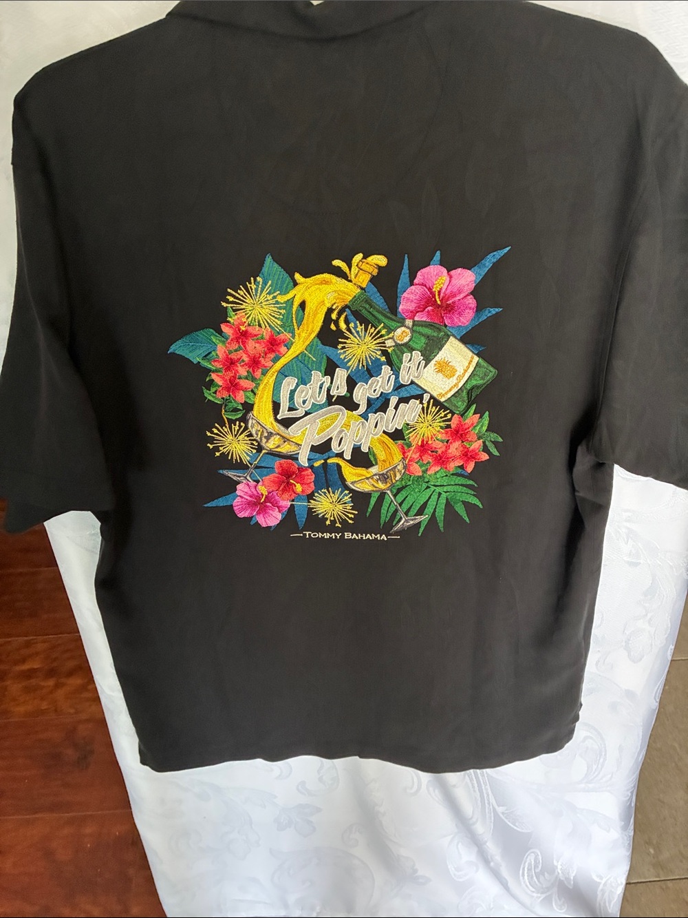 Tommy Bahama Black Shirt with Bright Tropical Embroidery